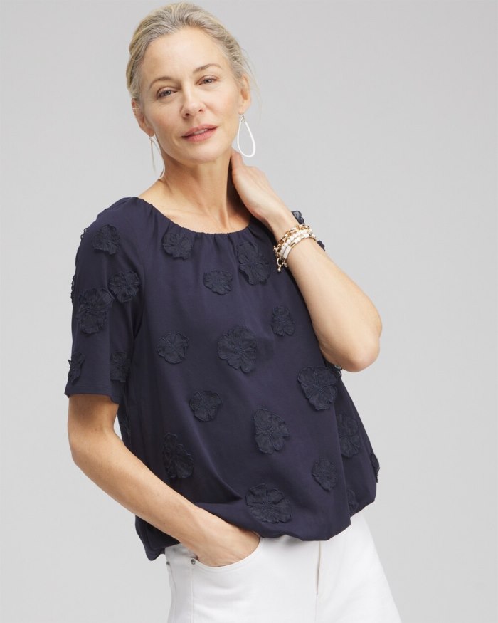 Women's 3D Applique Bubble Hem Top - Classic Navy - Click Image to Close