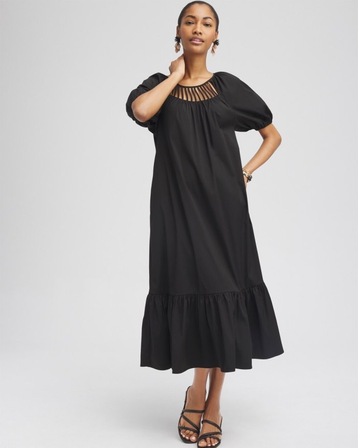 Women's Poplin Ladder Detail Dress - Black - Click Image to Close