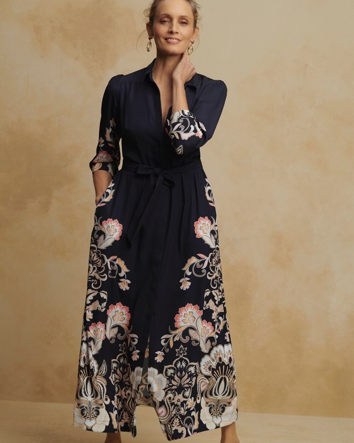 Women's Floral Maxi Shirt Dress - Classic Navy