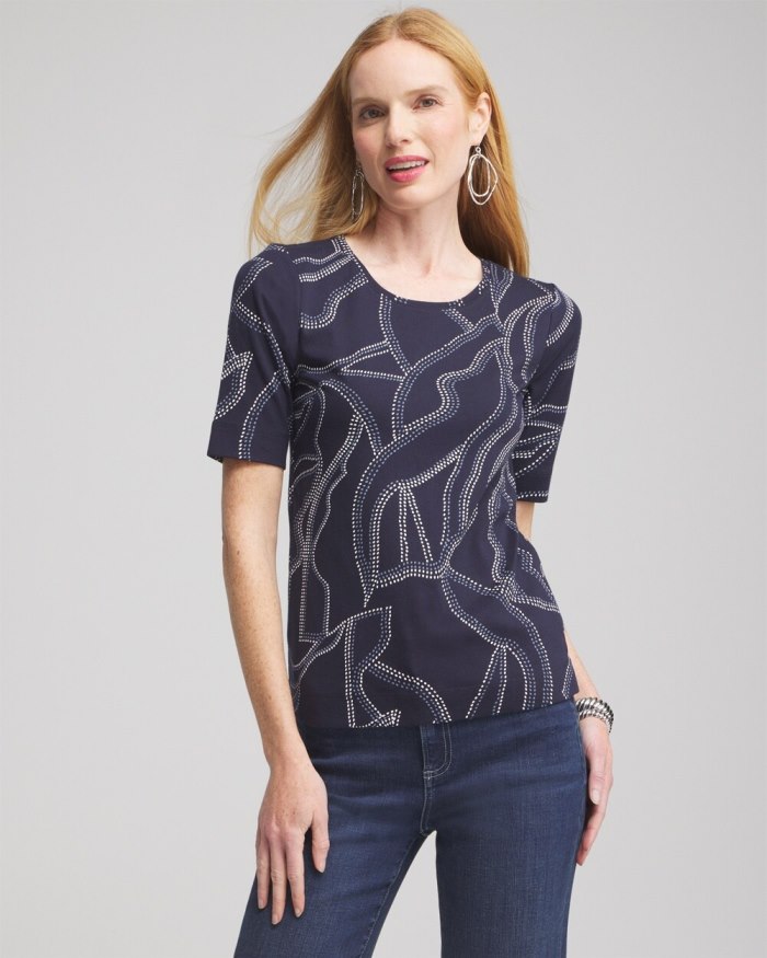 Women's Abstract Everyday Elbow Sleeve Tee - Classic Navy - Click Image to Close