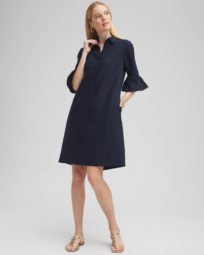 Women's Linen Fluted Sleeve Dress - Classic Navy