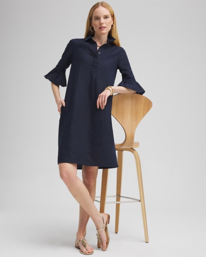 Women's Linen Fluted Sleeve Dress - Classic Navy