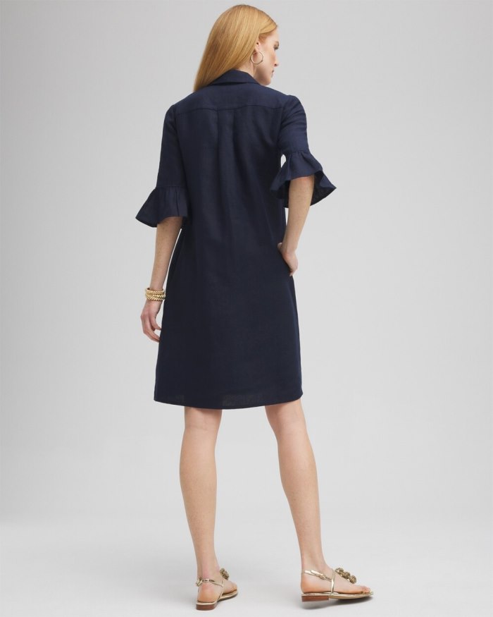 Women's Linen Fluted Sleeve Dress - Classic Navy