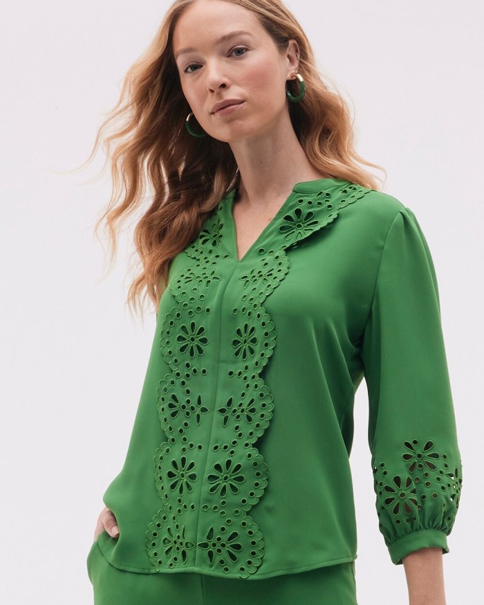 Women's Satin Eyelet Top - Verdant Green