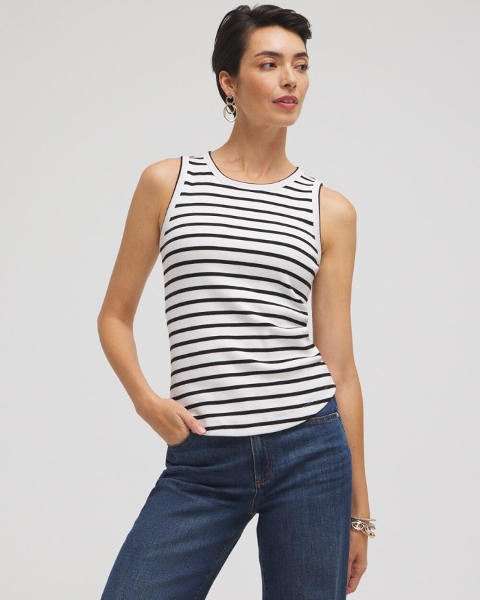 Women's Stripe Ribbed High Neck Tank - Black