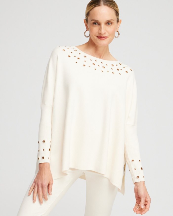 Women's Grommet Detail Sweater Poncho - English Cream - Click Image to Close