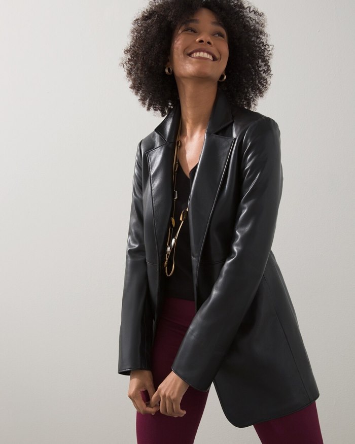 Women's Faux Leather Blazer - Black - Click Image to Close