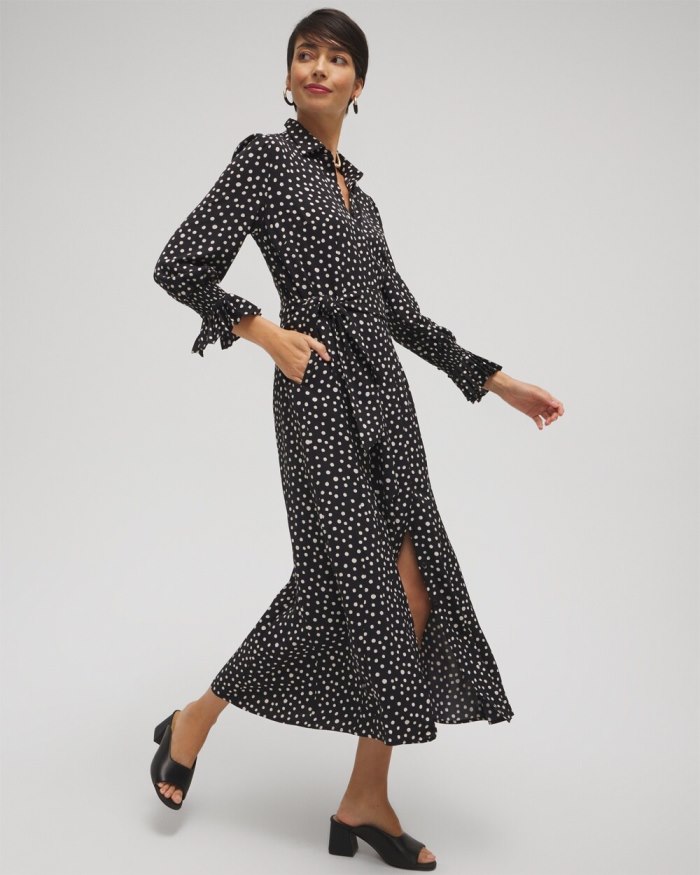 Women's Twill Polka Dot Shirt Dress - Black