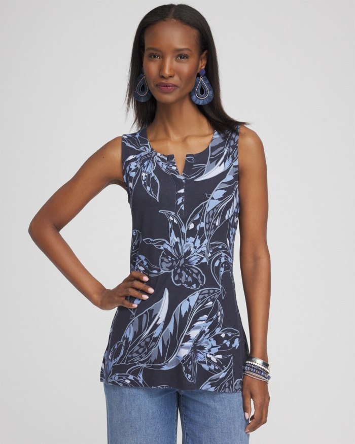 Women's Floral Notch Neck Tank - Classic Navy