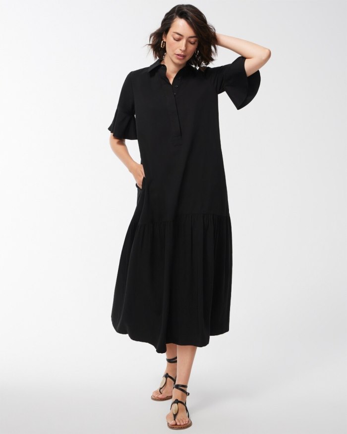 Women's Flounce Sleeve Midi Dress - Black