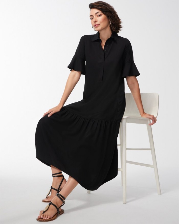 Women's Flounce Sleeve Midi Dress - Black