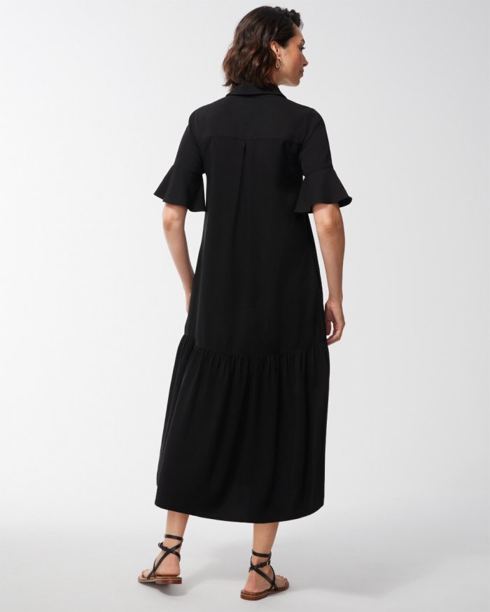 Women's Flounce Sleeve Midi Dress - Black