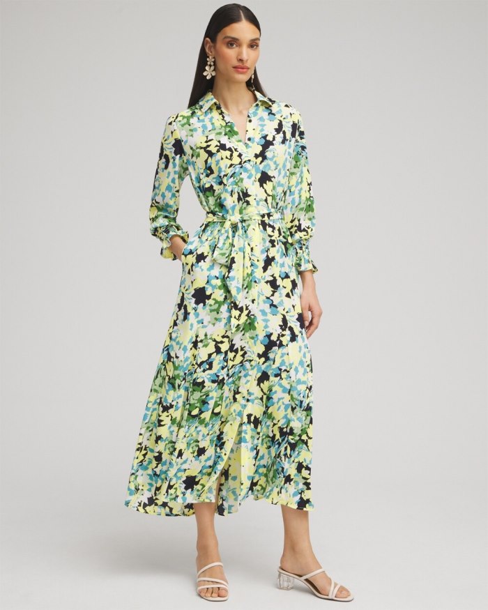 Women's Yellow Floral Maxi Shirt Dress - Classic Navy