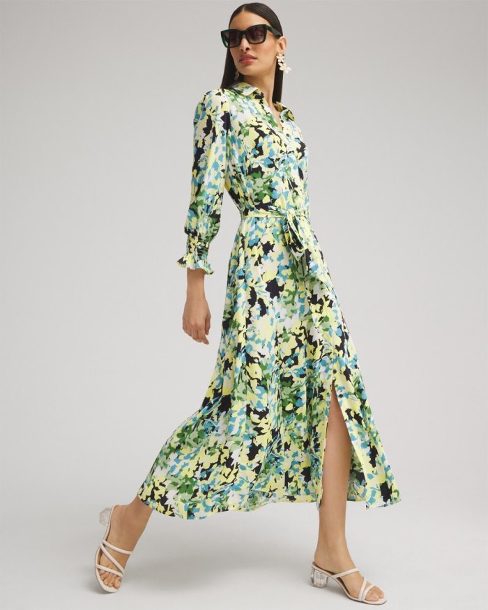 Women's Yellow Floral Maxi Shirt Dress - Classic Navy