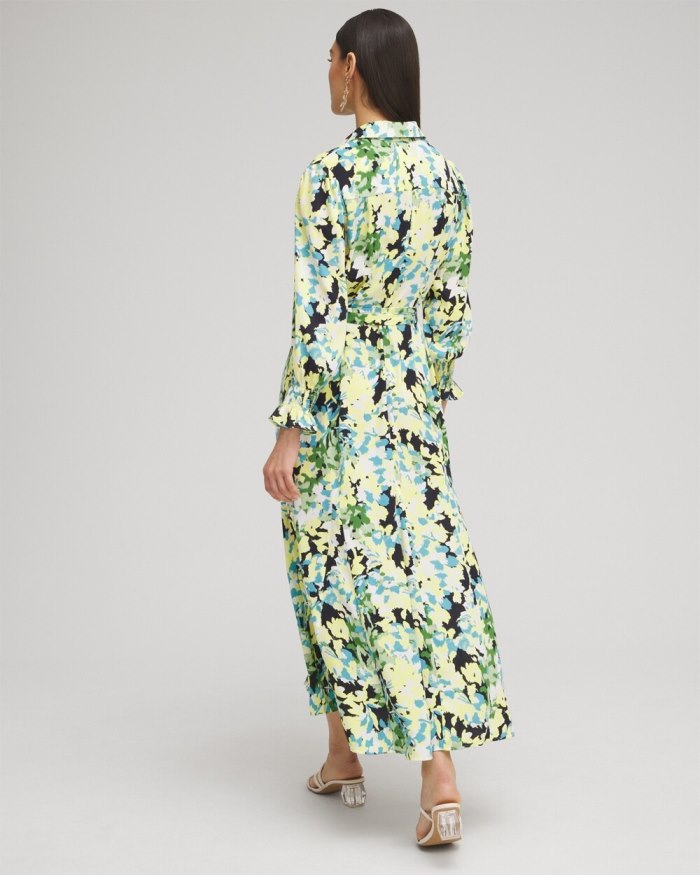 Women's Yellow Floral Maxi Shirt Dress - Classic Navy