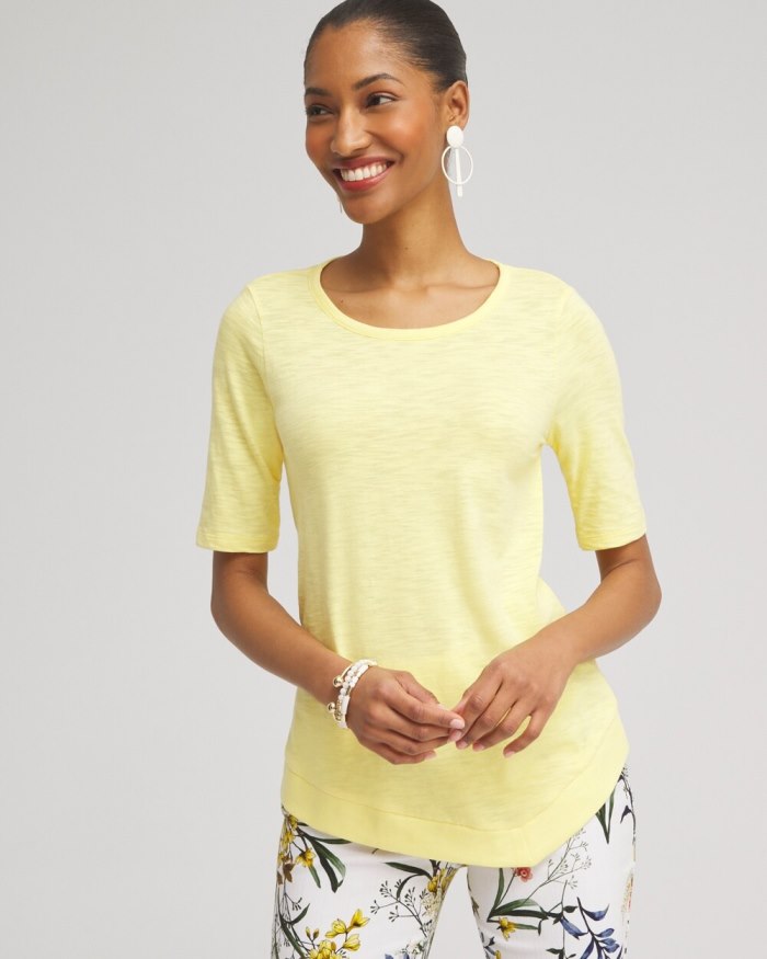 Women's Asymmetrical Elbow Sleeve Tee - Soft Buttercup