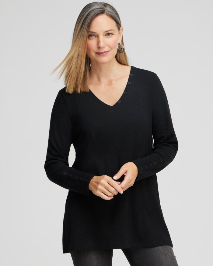 Women's Button Detail V-neck Tunic - Black