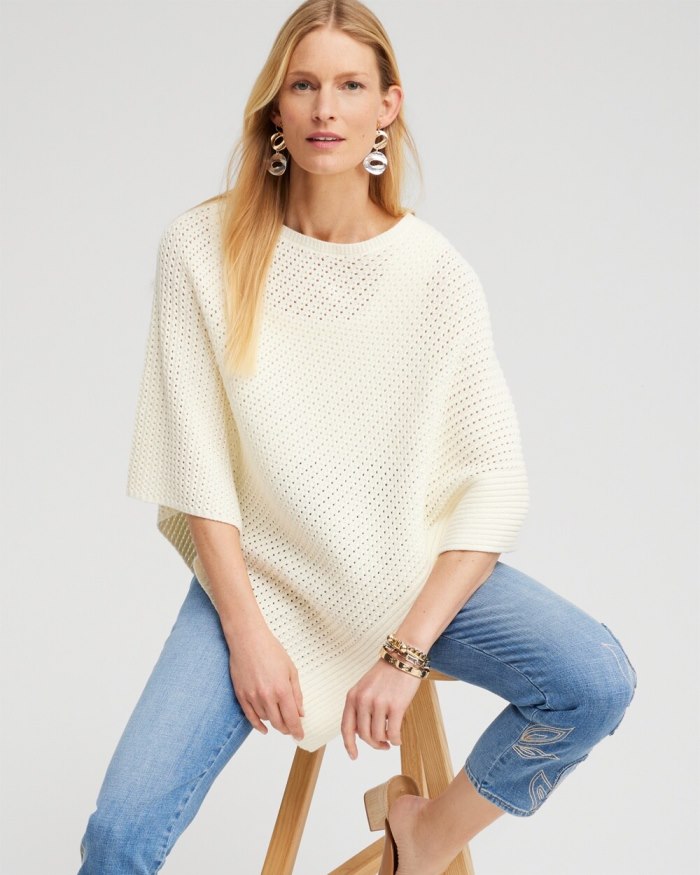 Women's Knit Triangle Poncho - English Cream - Click Image to Close