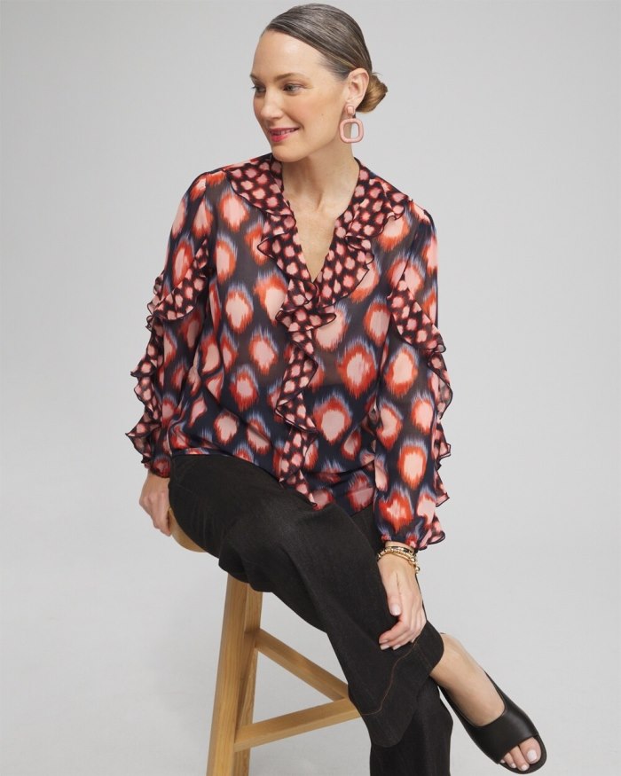 Women's Ruffle Detail Ikat Blouse - Classic Navy