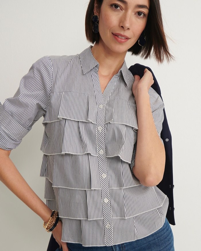 Women's Poplin Stripe Ruffle Shirt - Classic Navy