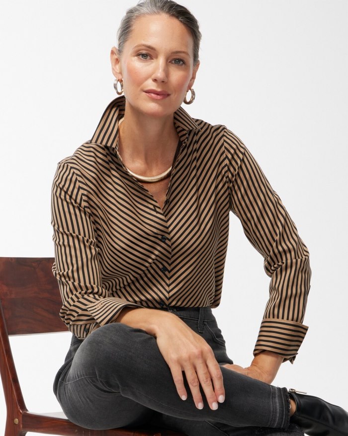 Women's No Iron Stretch Black Imperial Stripe Shirt - Black And Neutral