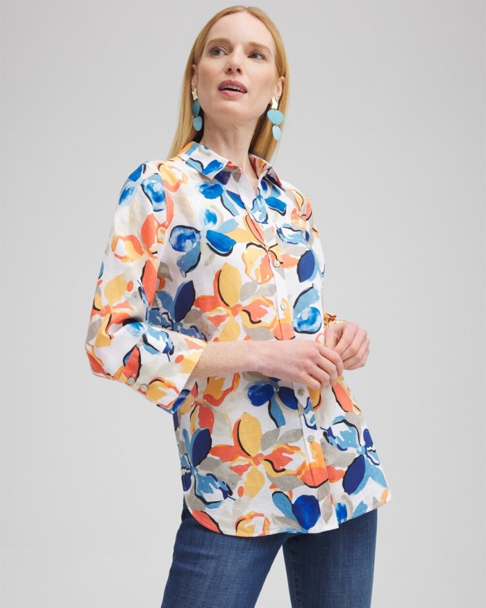 Women's No Iron Linen Floral 3/4 Sleeve Shirt - Optic White - Click Image to Close