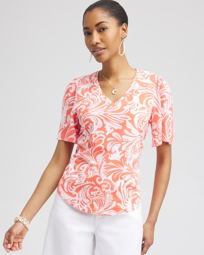 Women's Paisley Gauze Flutter Sleeve Top - Nectarine - Click Image to Close