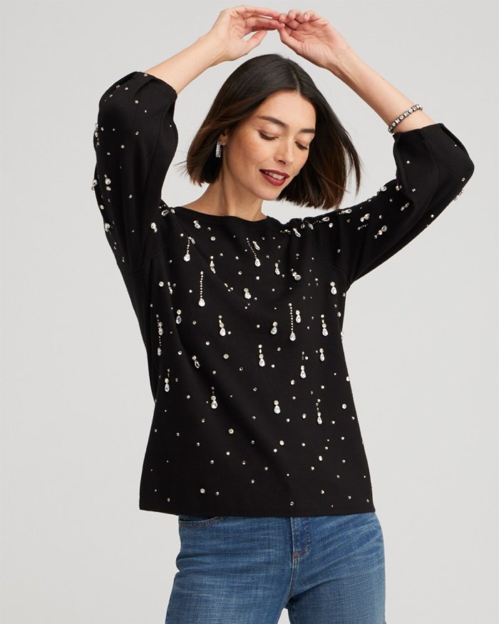 Women's Drop Rhinestone Pullover Sweater - Black