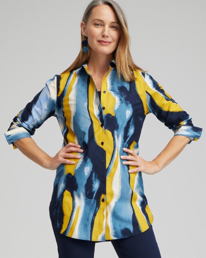 Women's No Iron Stretch Swirl Print Tunic - Classic Navy - Click Image to Close