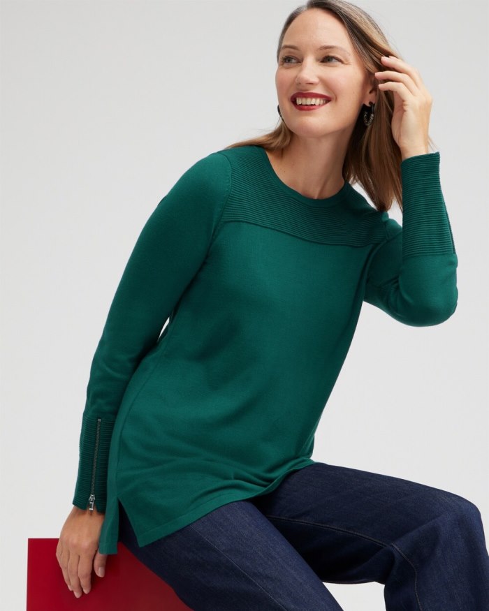 Women's Zipper Detail Tunic Sweater - Enchanted Forest