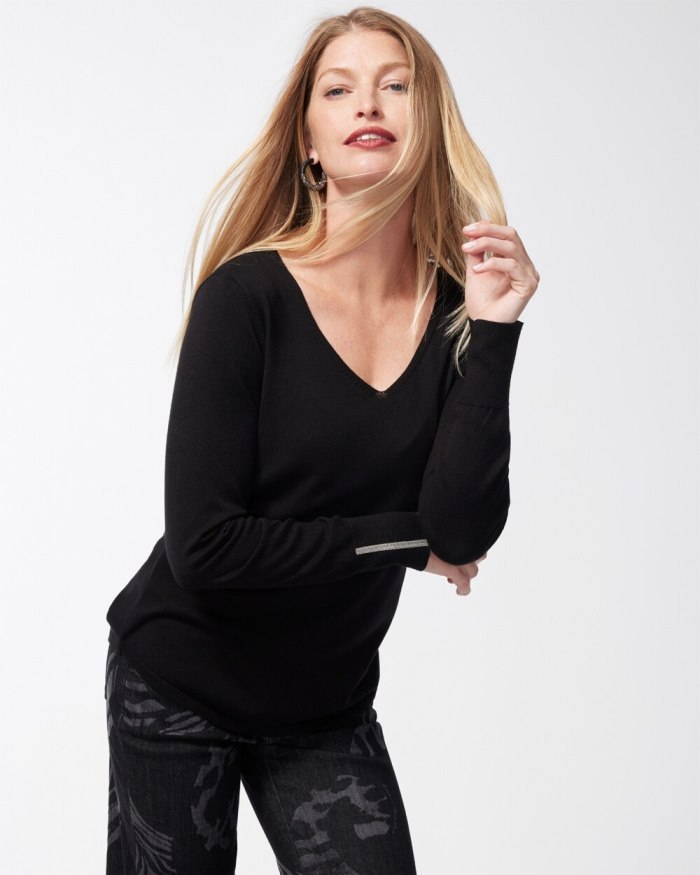 Women's Caviar Trim V-Neck Pullover Sweater - Black