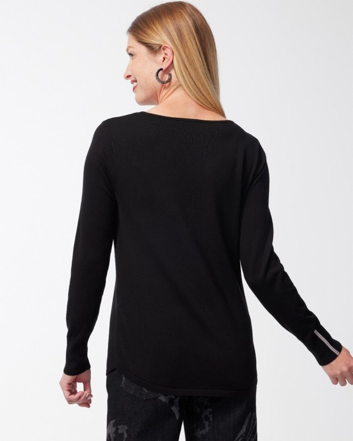 Women's Caviar Trim V-Neck Pullover Sweater - Black