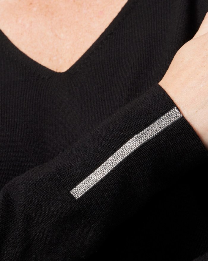 Women's Caviar Trim V-Neck Pullover Sweater - Black