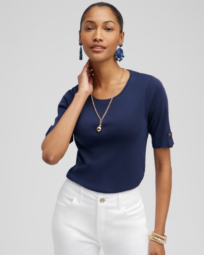 Women's Elbow Sleeve Cotton Tee - Classic Navy - Click Image to Close