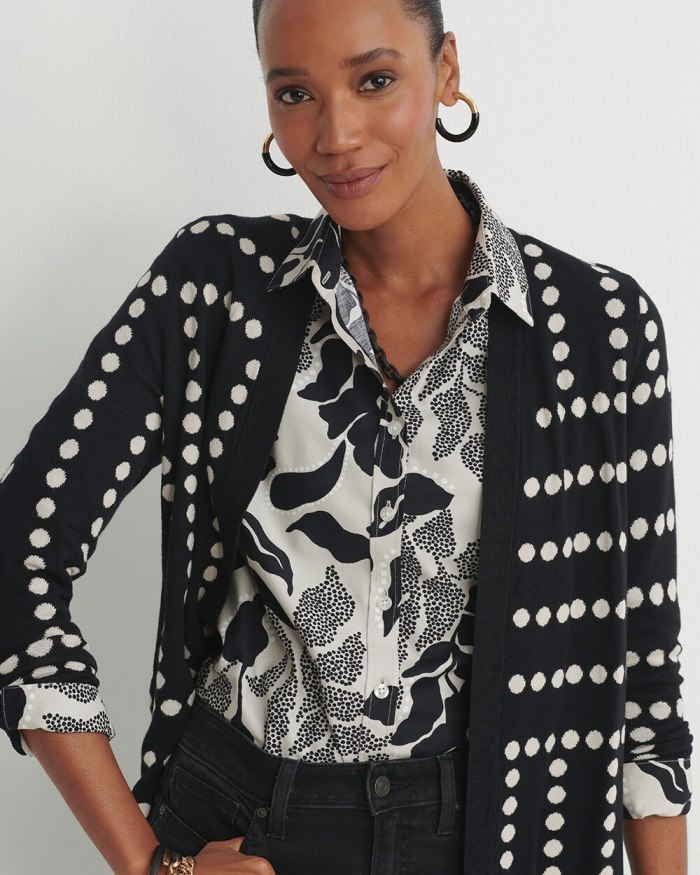 Women's Spun Rayon Jacquard Dots Cardigan - Black - Click Image to Close