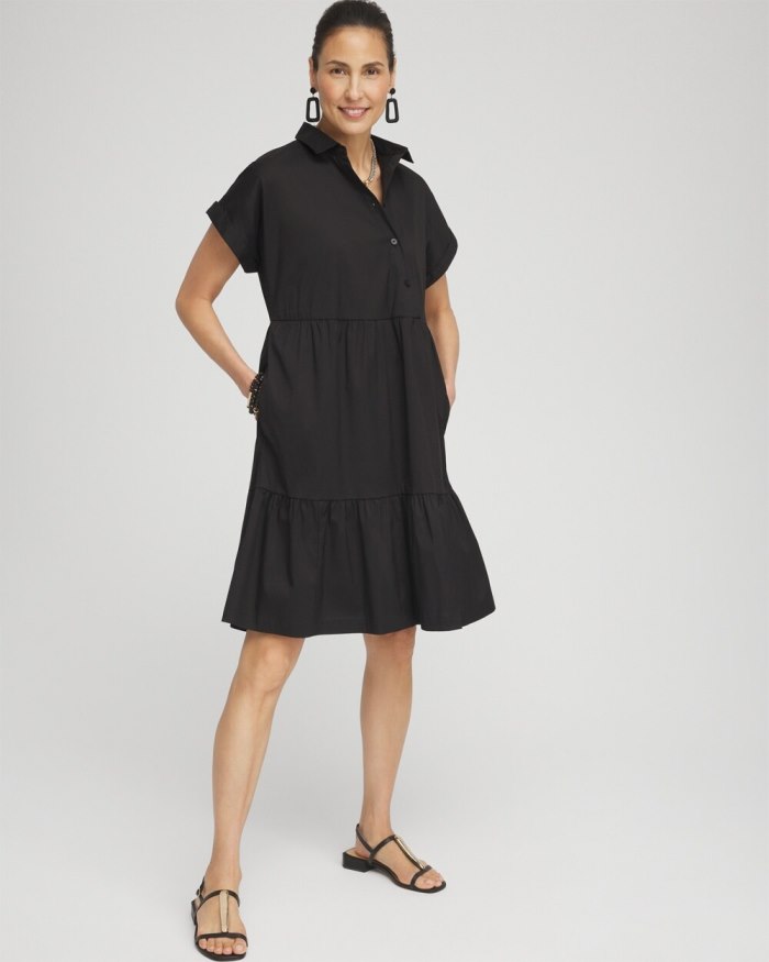 Women's Poplin Diagonal Button Front Dress - Black - Click Image to Close