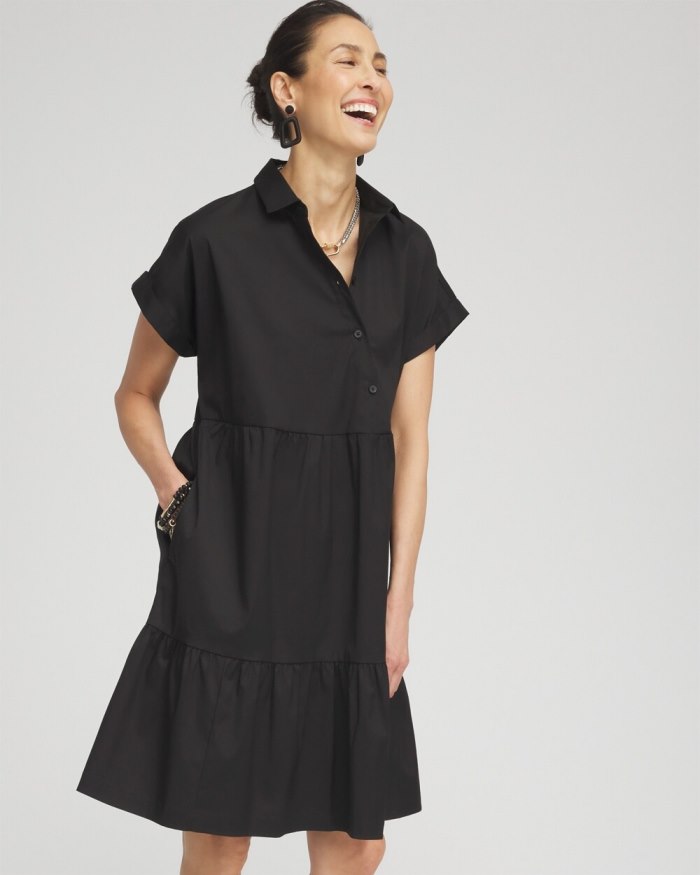 Women's Poplin Diagonal Button Front Dress - Black