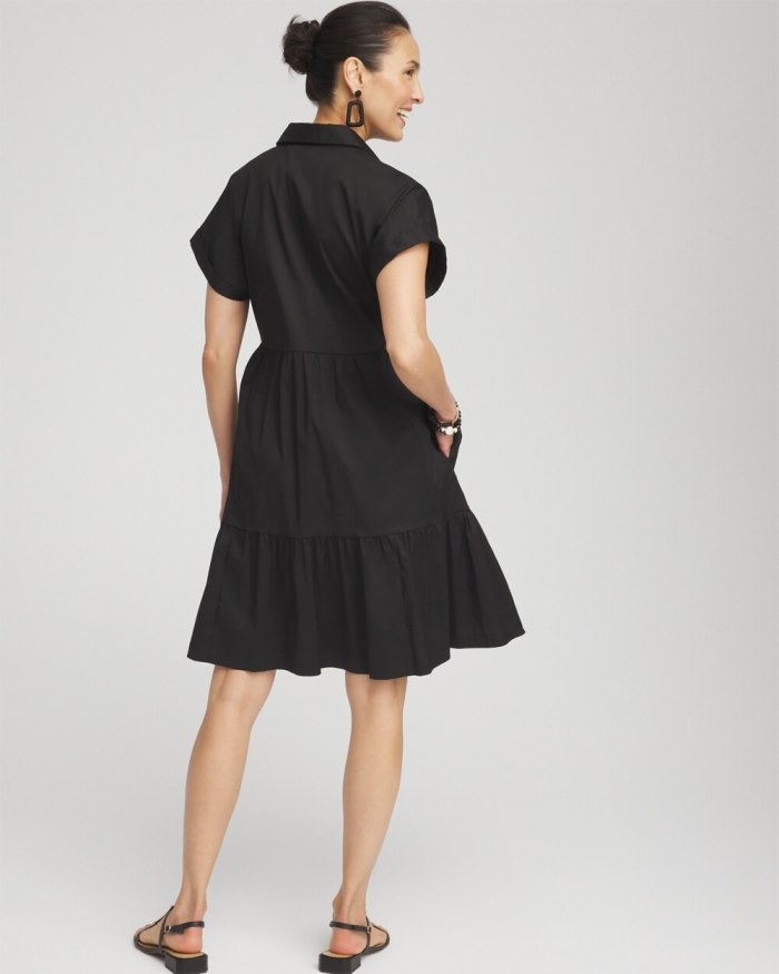 Women's Poplin Diagonal Button Front Dress - Black