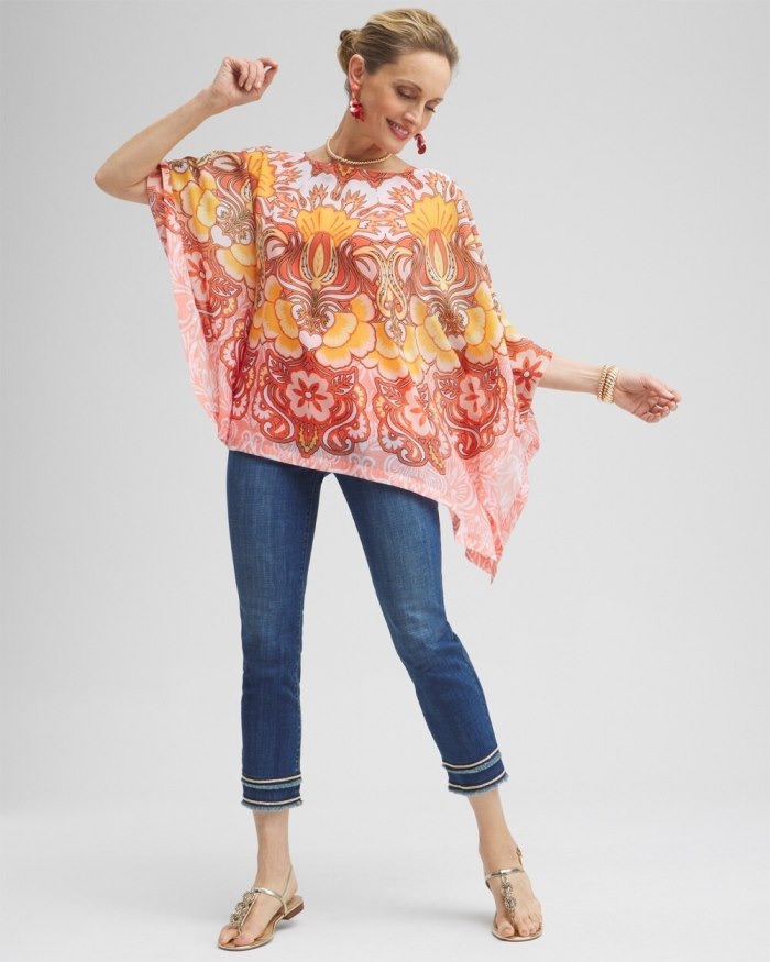 Women's Chiffon Paisley Poncho - Coral Ice