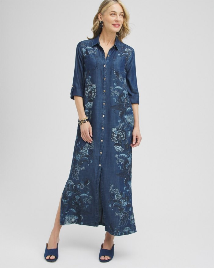 Women's Chambray Roll Tab Floral Maxi Dress - Blue - Click Image to Close