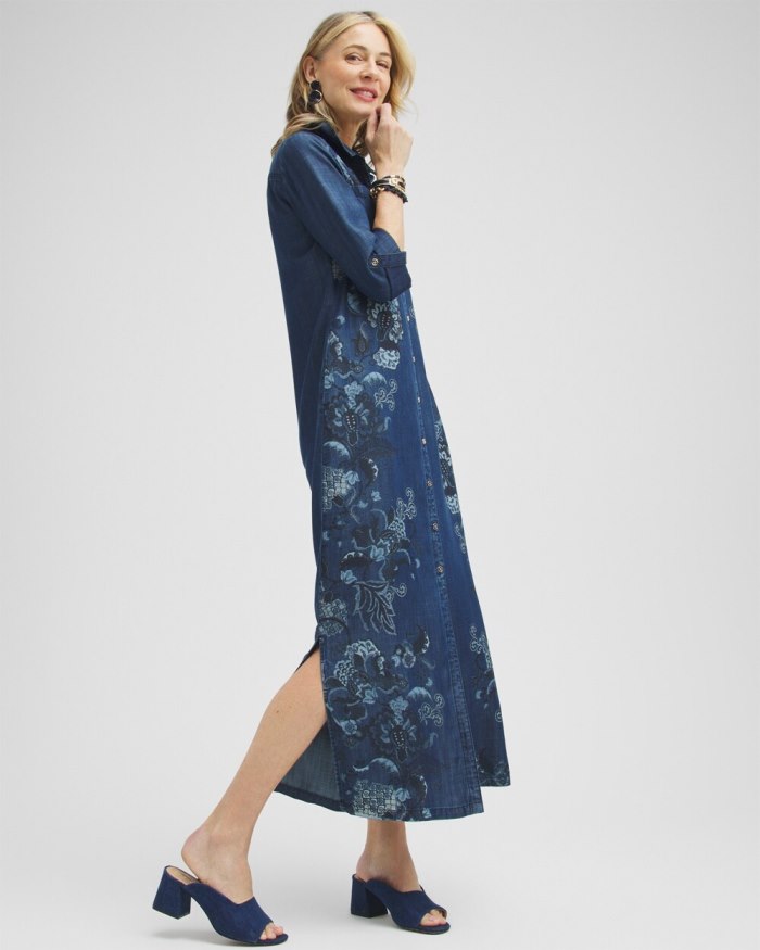 Women's Chambray Roll Tab Floral Maxi Dress - Blue