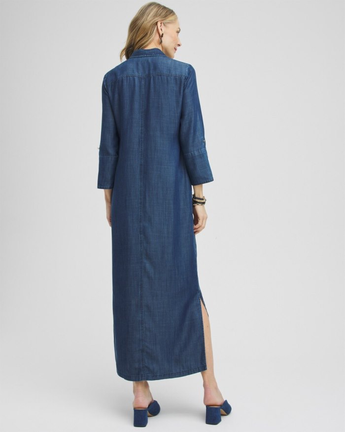 Women's Chambray Roll Tab Floral Maxi Dress - Blue