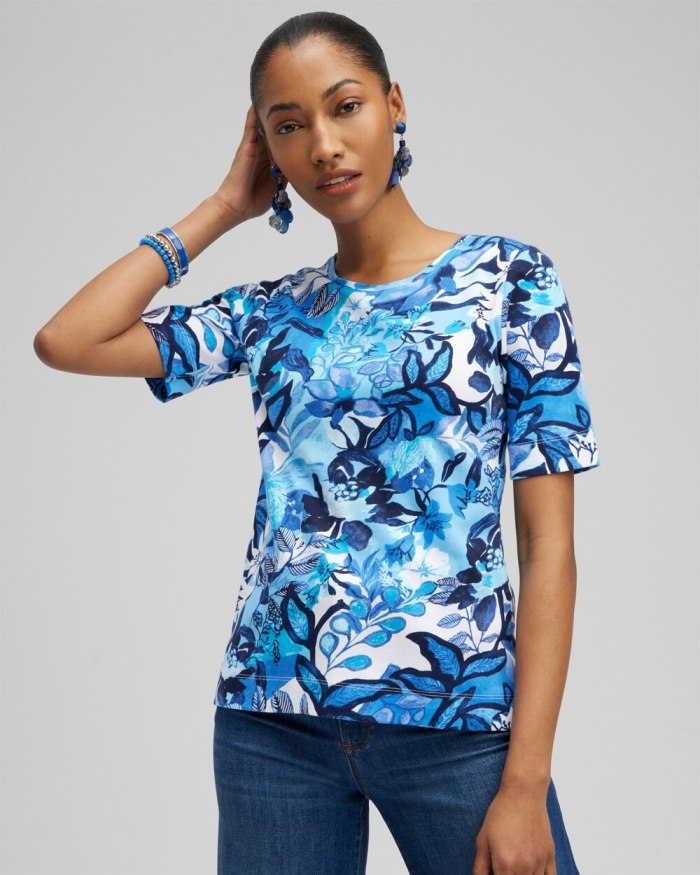 Women's Floral Everyday Elbow Sleeve Tee - Intense Azure