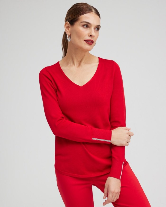 Women's Caviar Trim V-Neck Pullover Sweater - Wild Poppy