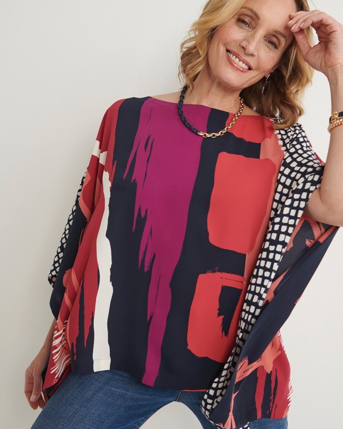 Women's Abstract Print Poncho - Classic Navy - Click Image to Close