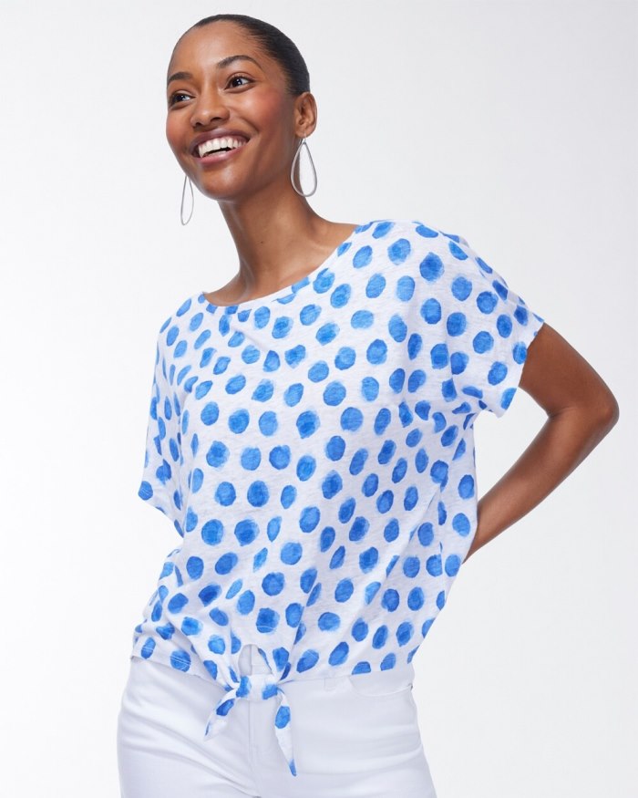 Women's Linen Blue Dots Tie Front Tee - Poolside Blue