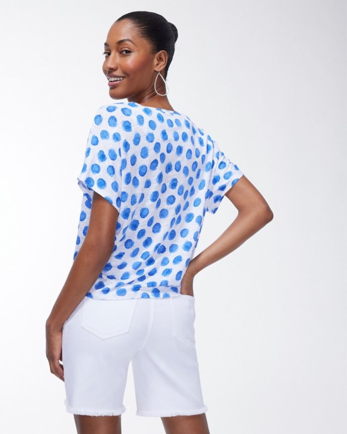 Women's Linen Blue Dots Tie Front Tee - Poolside Blue