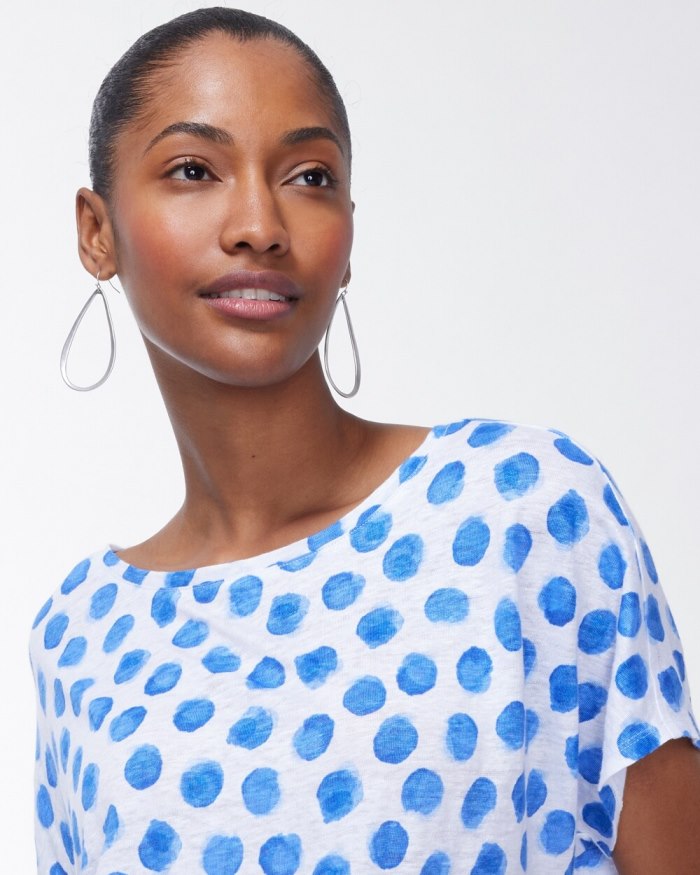 Women's Linen Blue Dots Tie Front Tee - Poolside Blue