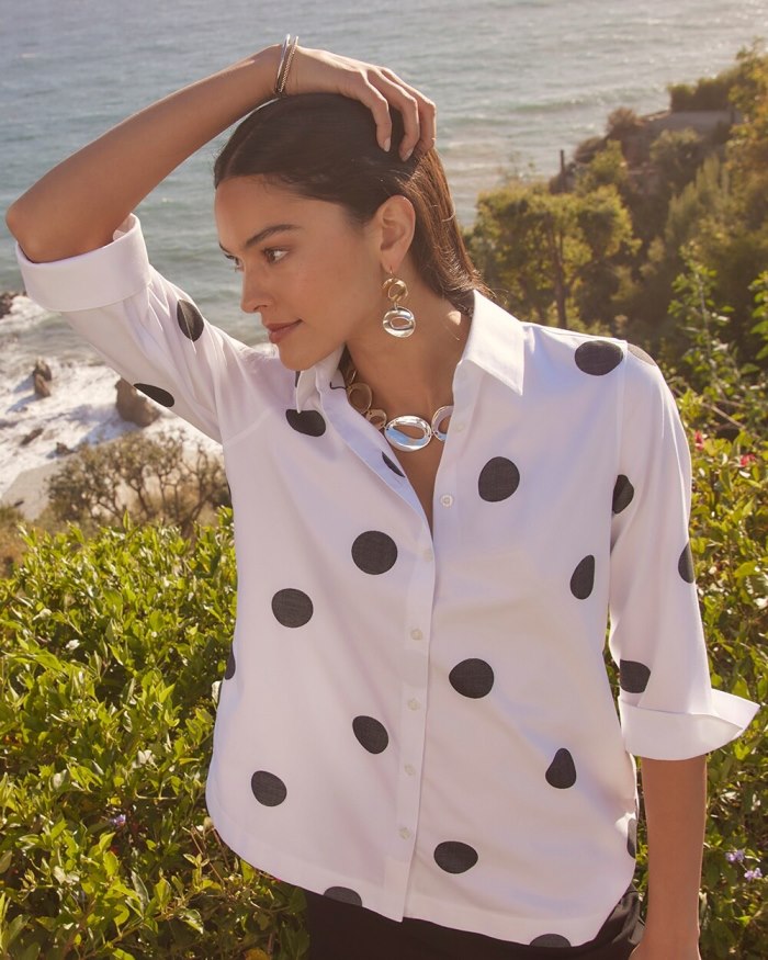 Women's No Iron Stretch Polka Dot Tunic - Optic White - Click Image to Close