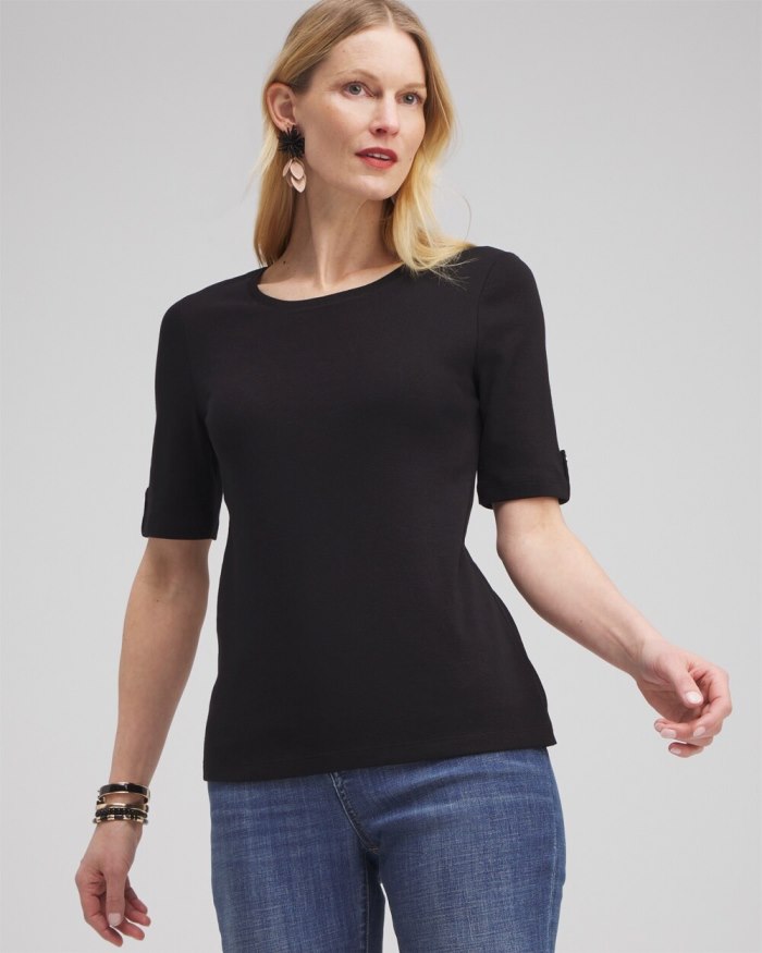 Women's Elbow Sleeve Cotton Tee - Black - Click Image to Close